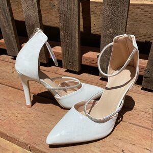 White Leather Stilleto Rhinestone Heels